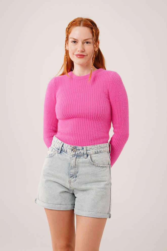 Lustrin Ροζ Casual Εφαρμοστό Πουλόβερ Με Στρογγυλή Λαιμόκοψη Χονδρικό εμπόριο ενδυμάτων Casual