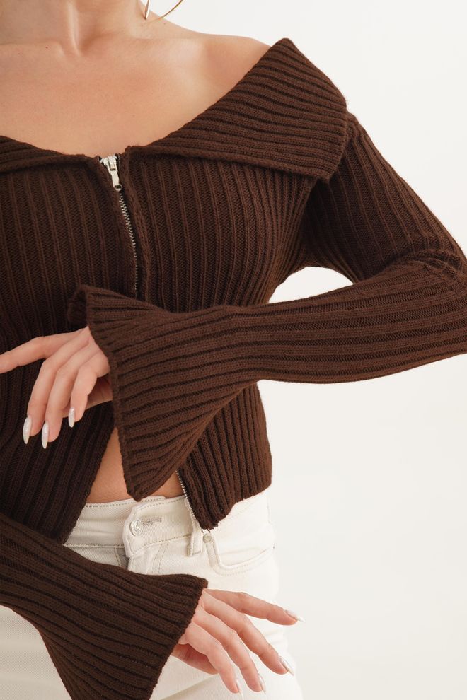 Lustrin Brown Slim Fit Zip Up Bell Sleeve Cardigan Wholesale Clothing Sexy