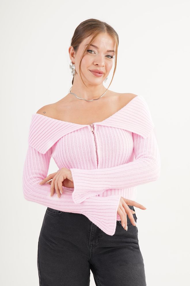 Lustrin Pink Slim Fit Bell Sleeve Zip Up Cardigan Wholesale Clothing 1