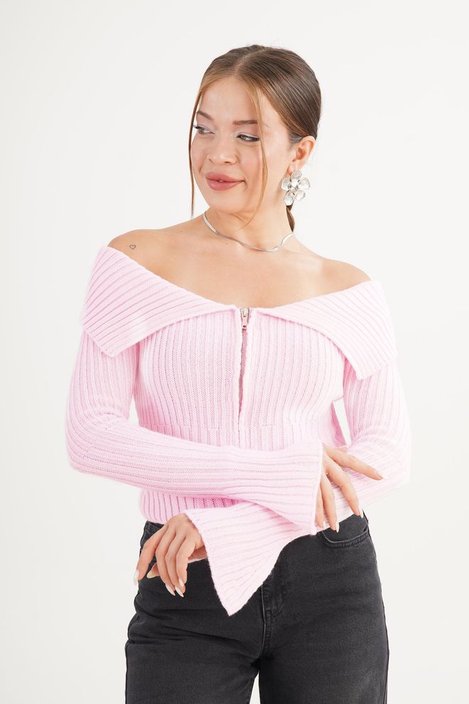 Lustrin Pink Slim Fit Bell Sleeve Zip Up Cardigan Wholesale Clothing Work