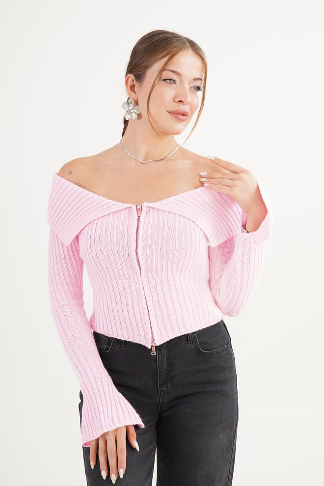 Lustrin Pink Slim Fit Bell Sleeve Zip Up Cardigan Wholesale Clothing Spring