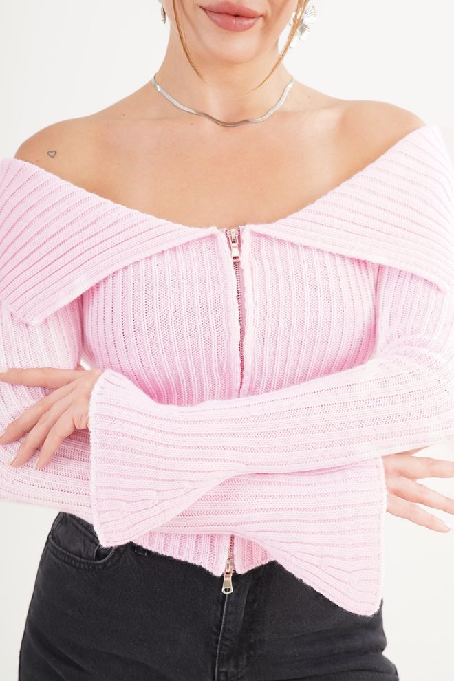 Lustrin Pink Slim Fit Bell Sleeve Zip Up Cardigan Wholesale Clothing 5