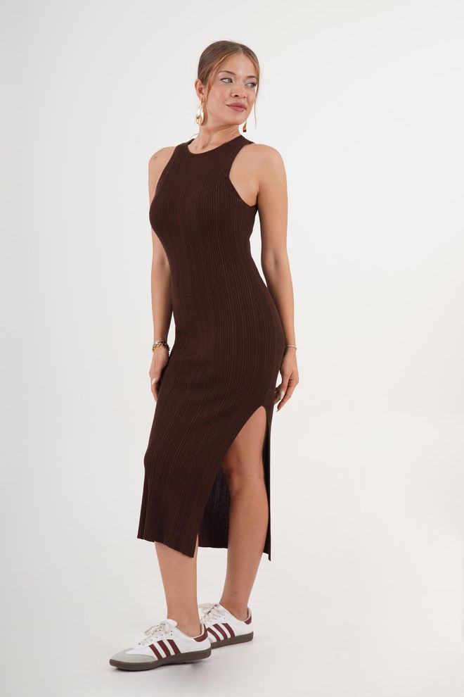 Lustrin Kahverengi Kolsuz Bodycon Midi Elbise Toptan Giyim Gündelik