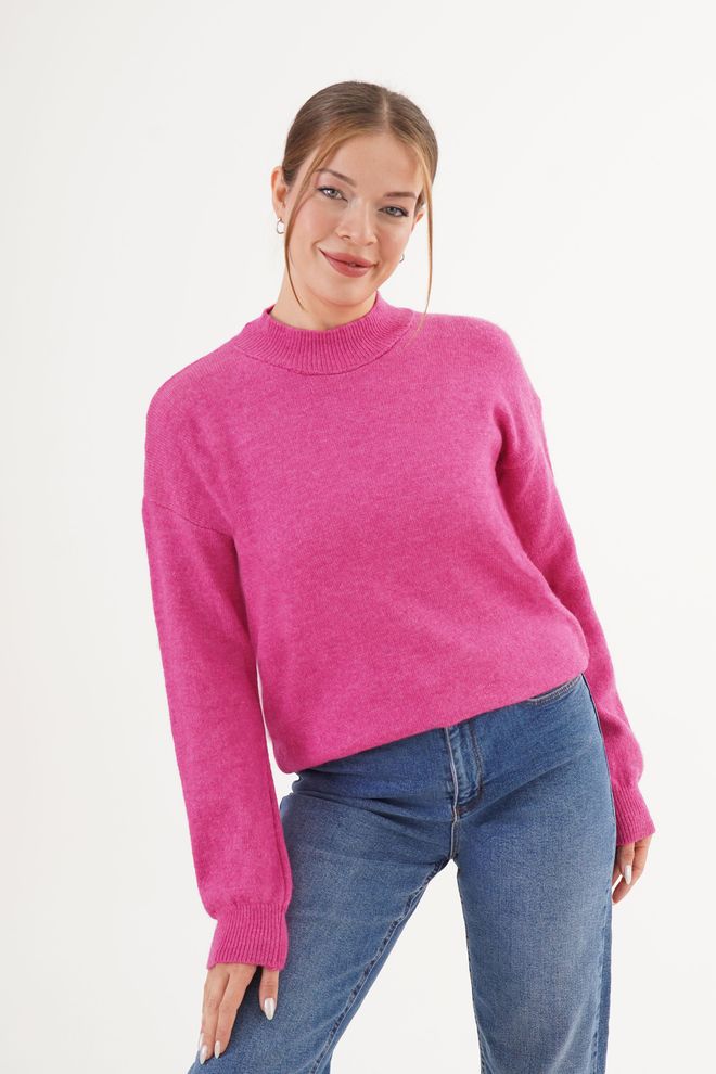 Lustrin Fuchsia Trui Met Hoge Hals Lange Mouwen En Regular Fit Groothandel Kleding Casual