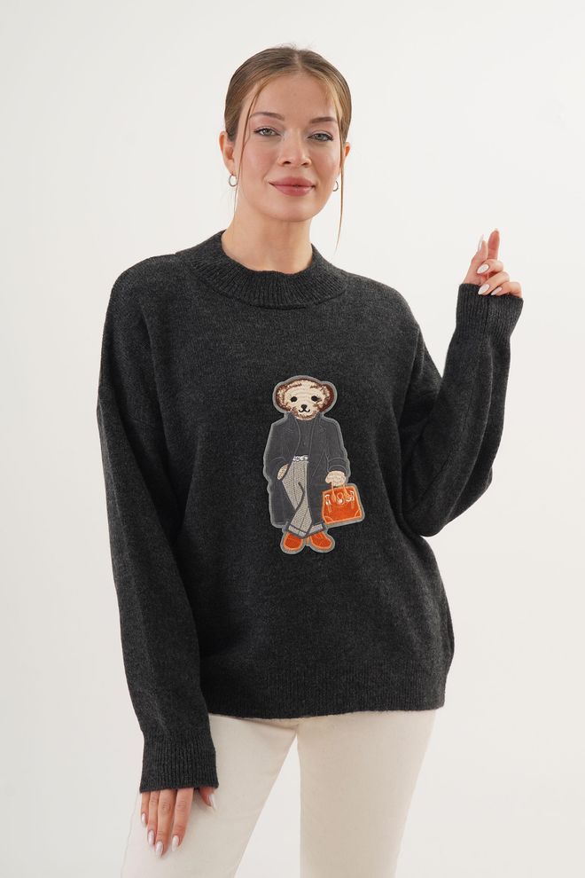 Lustrin Zwarte Oversized Casual Trui Met Ronde Hals Groothandel Kleding Casual