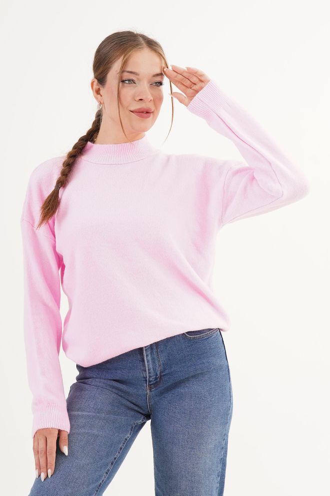 Lustrin Pink Oversized Fit Casual Sweater With High Neck Wholesale Clothing Casual