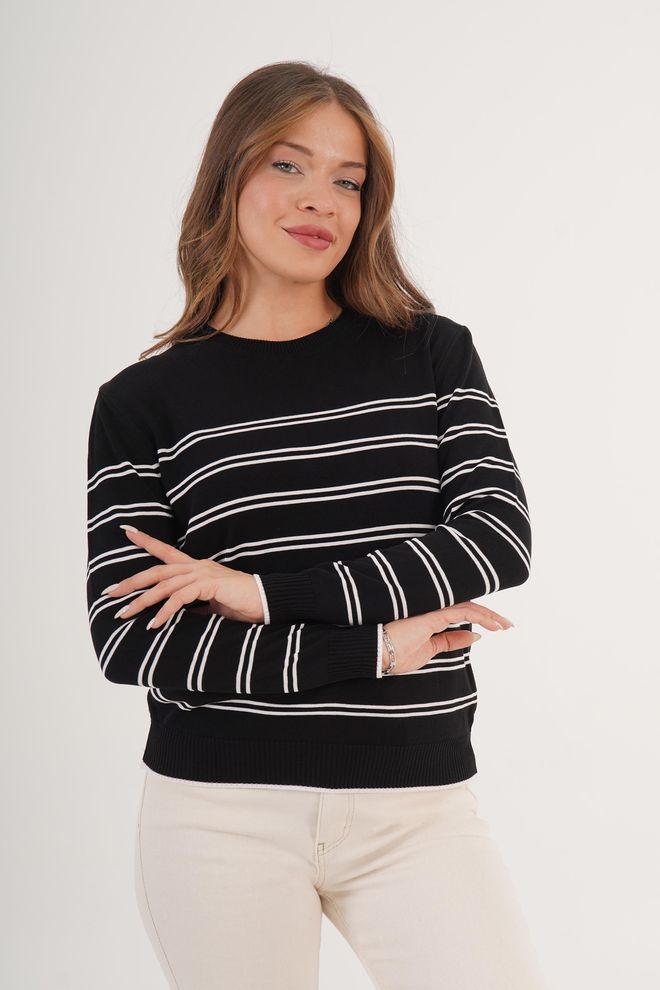 Lustrin Zwarte Gestreepte Casual Trui Groothandel Kleding Casual