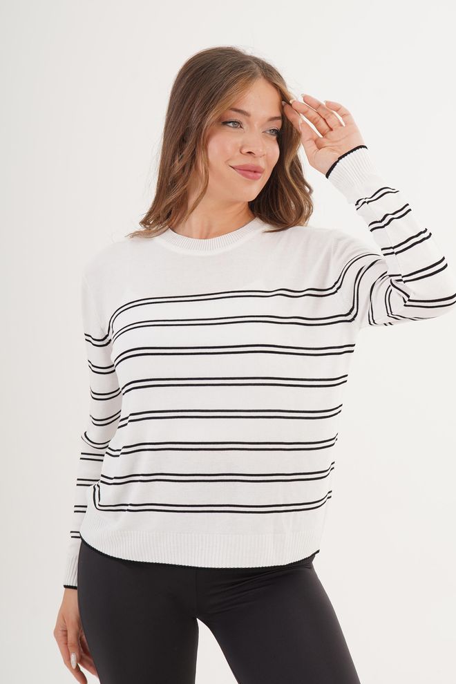 Lustrin Λευκό Ριγέ Πουλόβερ Με Λαιμόκοψη Crew Casual Χονδρικό εμπόριο ενδυμάτων Casual