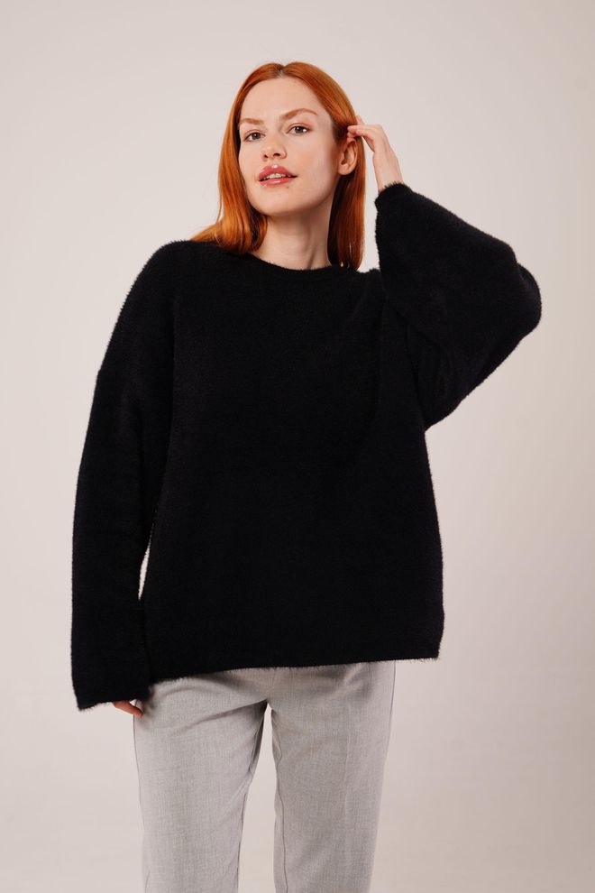 Lustrin Siyah Oversized Fit Kazak Yuvarlak Yakalı Toptan Giyim Gündelik