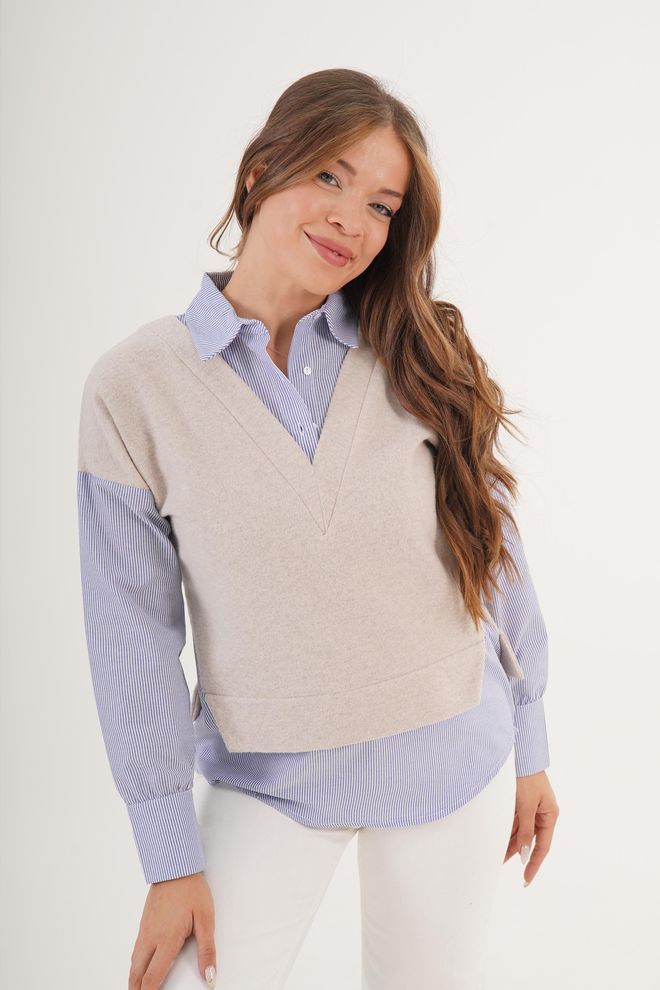 Lustrin Beige Blouse With V Neck And Long Regular Sleeves Wholesale Clothing Casual