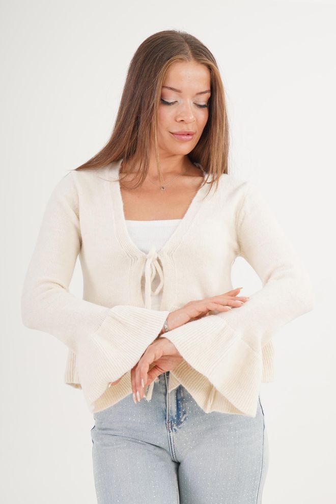 Lustrin Casaco De Malha Bege Casual Com Manga Sino E Decote V Roupas por atacado Casual