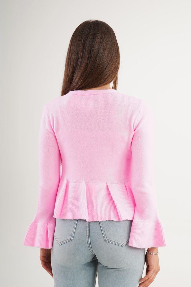 Lustrin Pink Cardigan With Ruffle Sleeves And Tie Closure Wholesale Clothing Preppy
