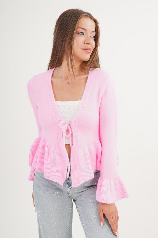 Lustrin Pink Cardigan With Ruffle Sleeves And Tie Closure Wholesale Clothing 1