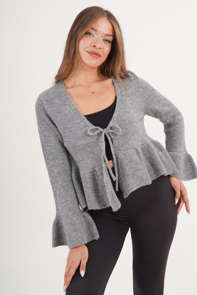 Lustrin Casaco De Malha Cinzento Casual Elegante Com Decote Em V E Laço Roupas por atacado Casual