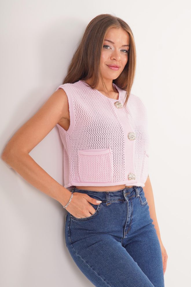 Lustrin Ružová Kardigán Neformálny Roztomilý Preppy Bez Rukávov Skrátené Veľkoobchod s oblečením Neformálny