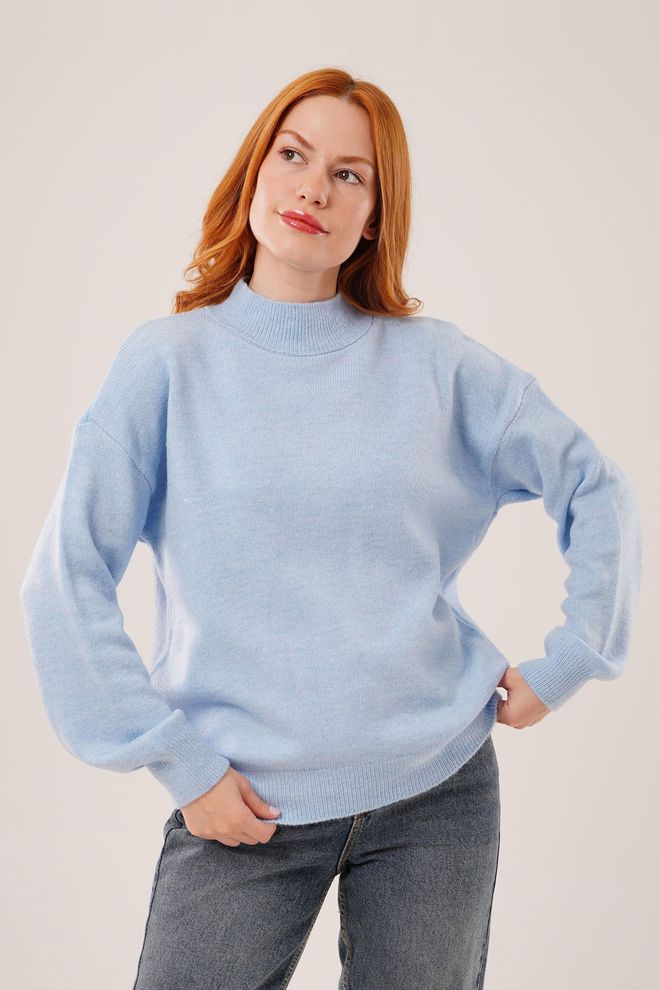 Lustrin Pull Over Bleu À Col Haut Et Manches Longues Vêtements en gros Décontracté