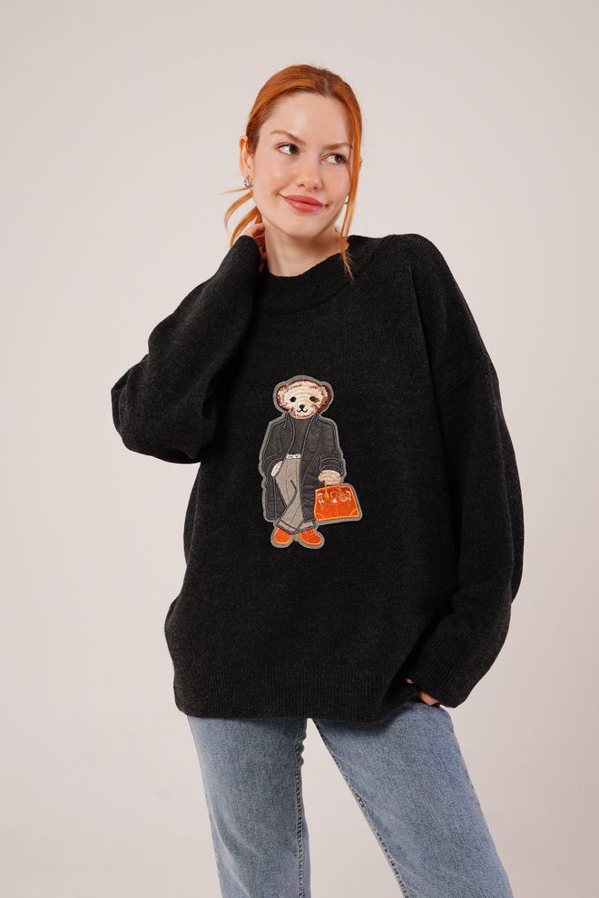 Lustrin Maglione Nero Oversize Con Scollo Tondo Abbigliamento all'ingrosso Modesto