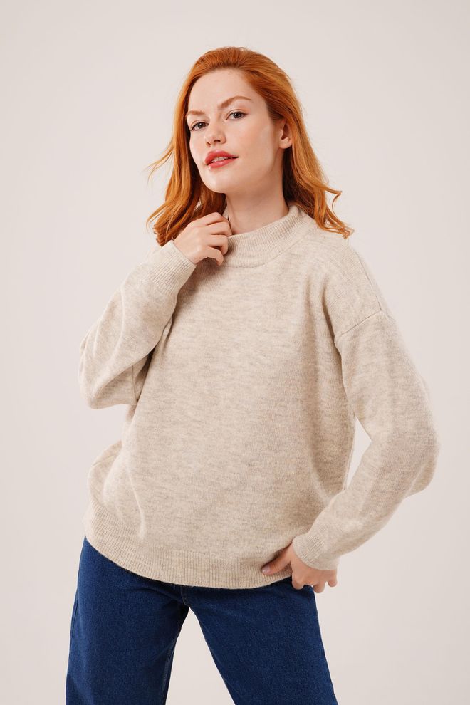 Lustrin Beige Sweater With Oversized Fit And Polo Neck Wholesale Clothing Casual