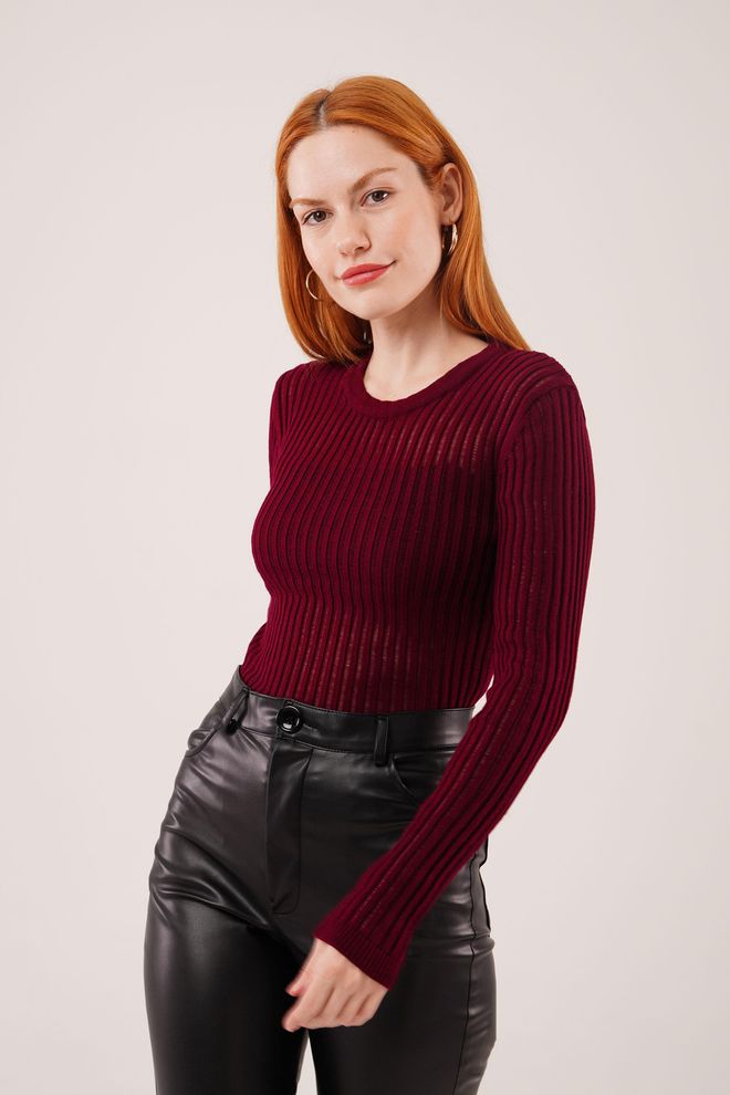 Lustrin Μπλούζα Μπορντό Με Ριγέ Λεπτομέρειες Slim Fit Και Μακριά Μανίκια Χονδρικό εμπόριο ενδυμάτων Casual