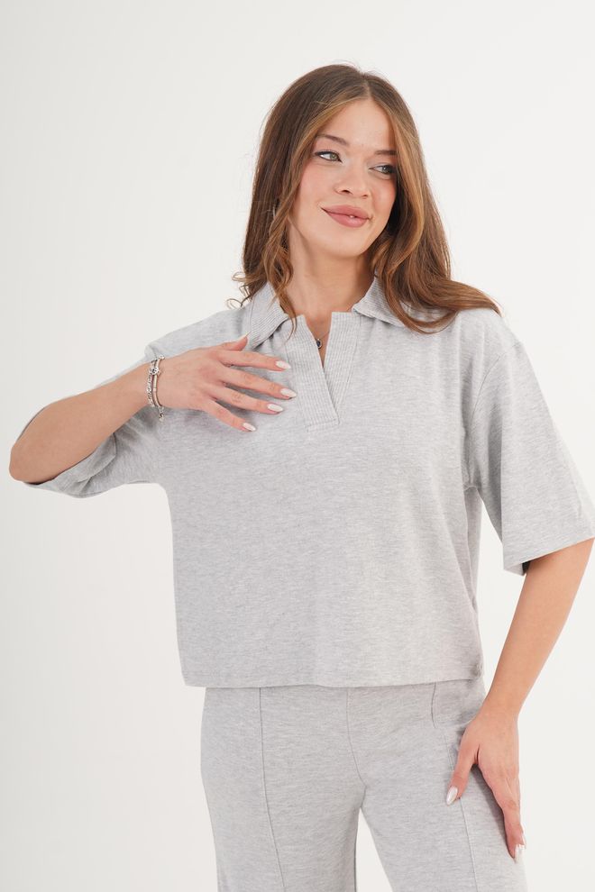 Lustrin Γκρι Casual Αθλητική Απλή Μπλούζα Με Πόλο Λαιμόκοψη Χονδρικό εμπόριο ενδυμάτων Απλό