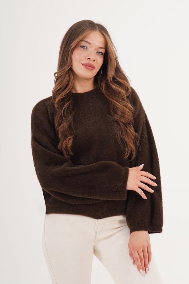 Lustrin Καφέ Πουλόβερ Με Oversized Εφαρμογή Και Στρογγυλή Λαιμόκοψη Χονδρικό εμπόριο ενδυμάτων Casual