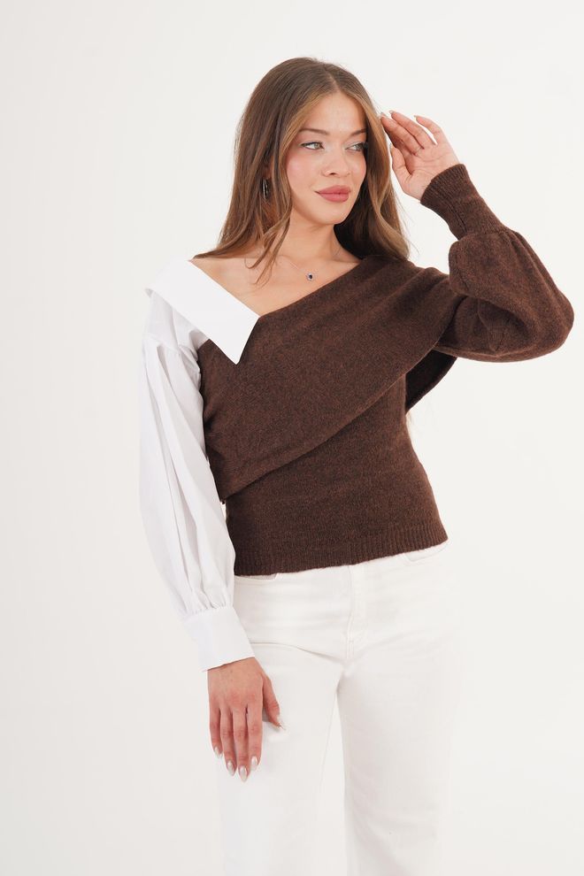 Lustrin Jersey Marrón Slim Fit Con Cuello Sin Hombros Ropa al por mayor Casual