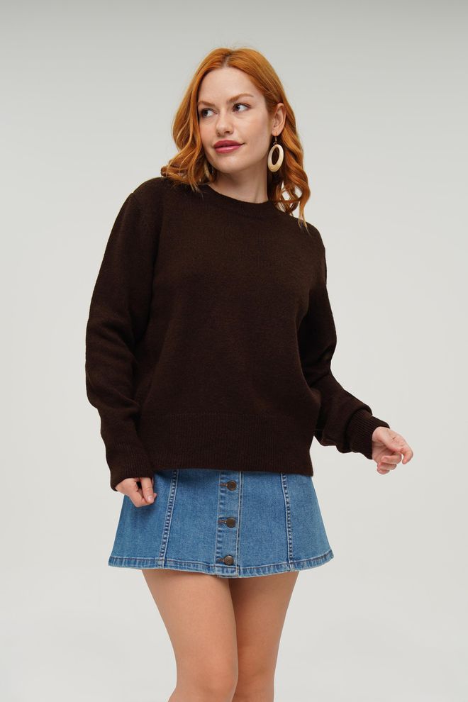Lustrin Camisola Castanha Com Decote Crew E Mangas Compridas Roupas por atacado Casual