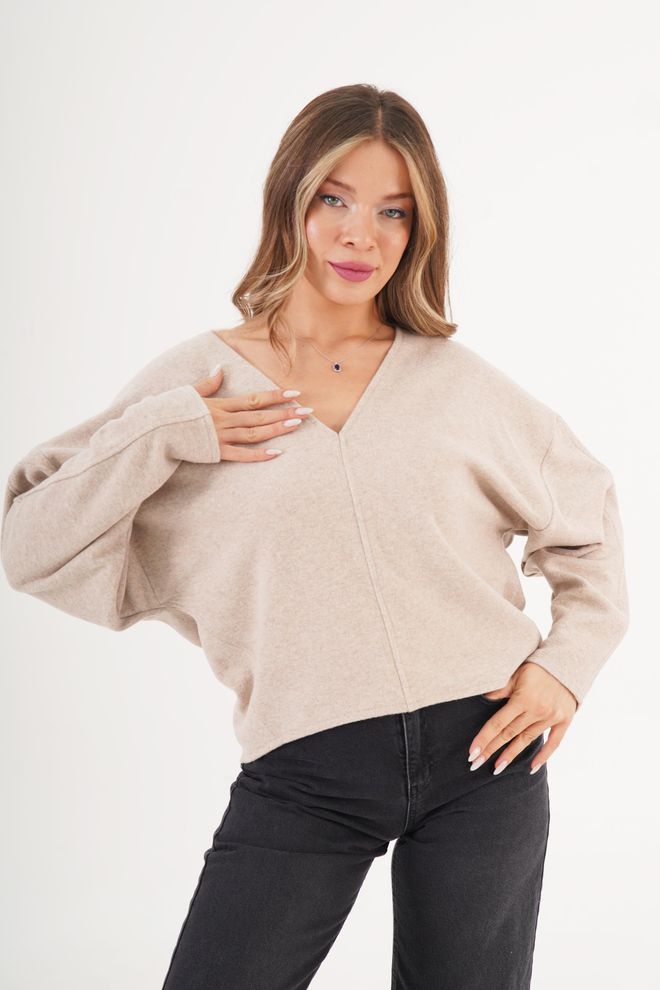 Lustrin Bej Bol Kalıp Gündelik V Yaka Bluz Toptan Giyim Tesettür