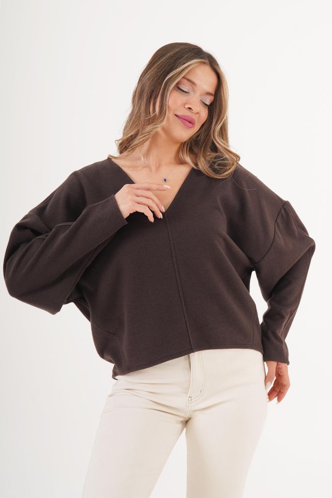 Lustrin Kahverengi Bol Kalıp V Yaka Düz Uzun Kollu Bluz Toptan Giyim Gündelik