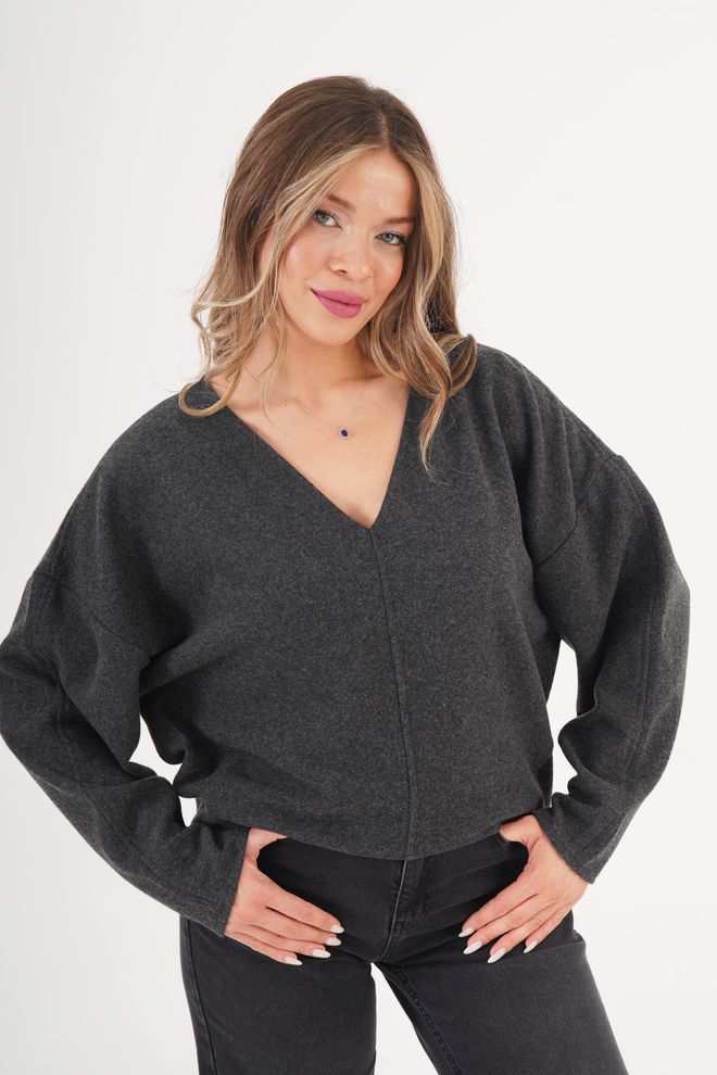 Lustrin Gri Gündelik Zarif Bol Kalıp V Yaka Bluz Toptan Giyim Gündelik