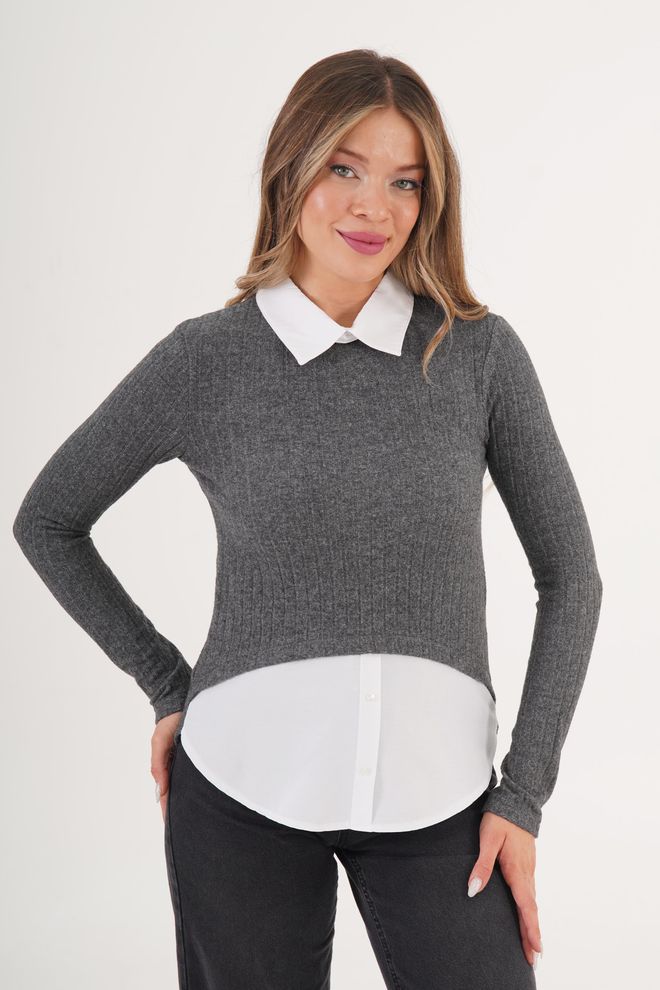 Lustrin Gri Zarif Dar Kalıp Çentikli Yakalı Bluz Toptan Giyim Tesettür