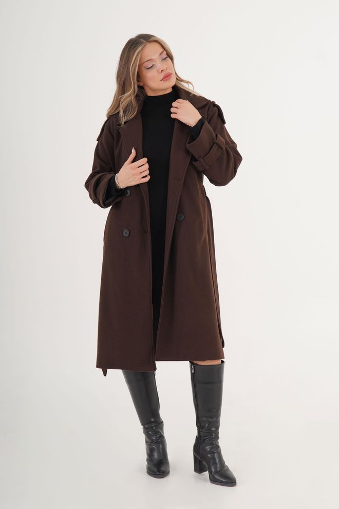 Lustrin Brown Elegant Double Breasted Wrapover Coat Wholesale Clothing 1