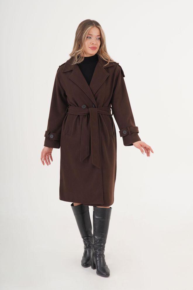 Lustrin Brown Elegant Double Breasted Wrapover Coat Wholesale Clothing Fall
