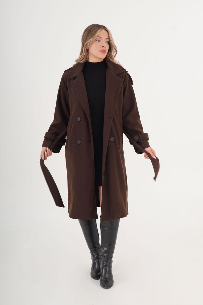 Lustrin Brown Elegant Double Breasted Wrapover Coat Wholesale Clothing 5