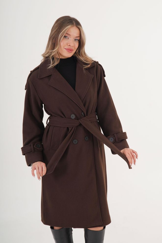 Lustrin Brown Elegant Double Breasted Wrapover Coat Wholesale Clothing Work