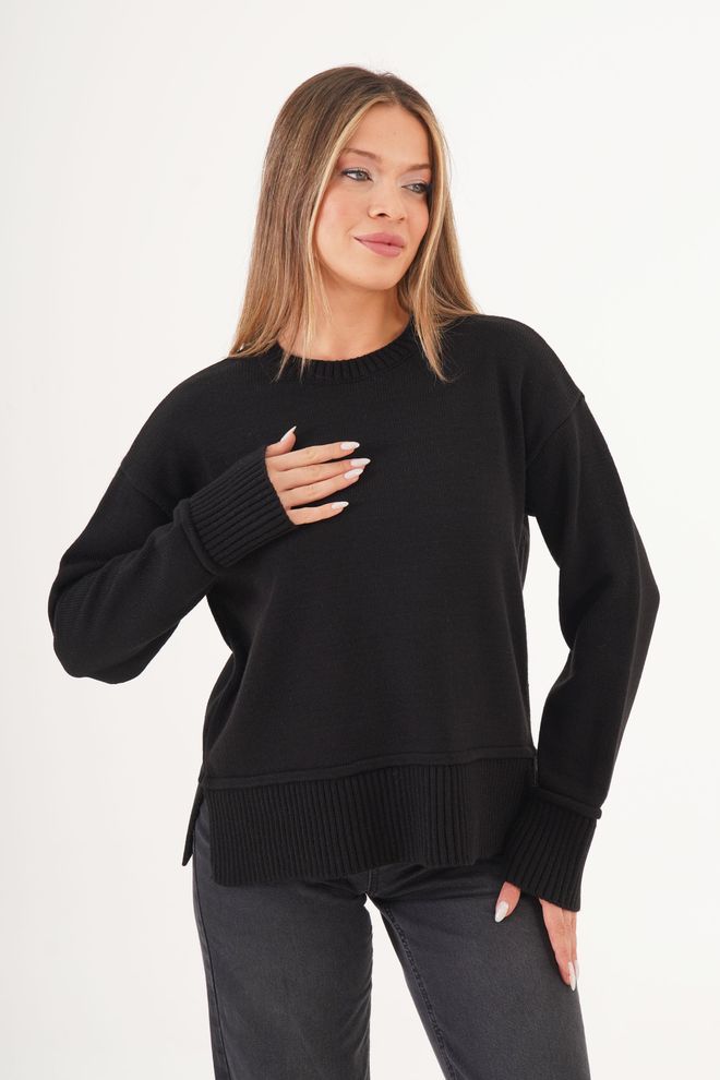 Lustrin Siyah Kazak Günlük Zarif Bisiklet Yaka Toptan Giyim Tesettür