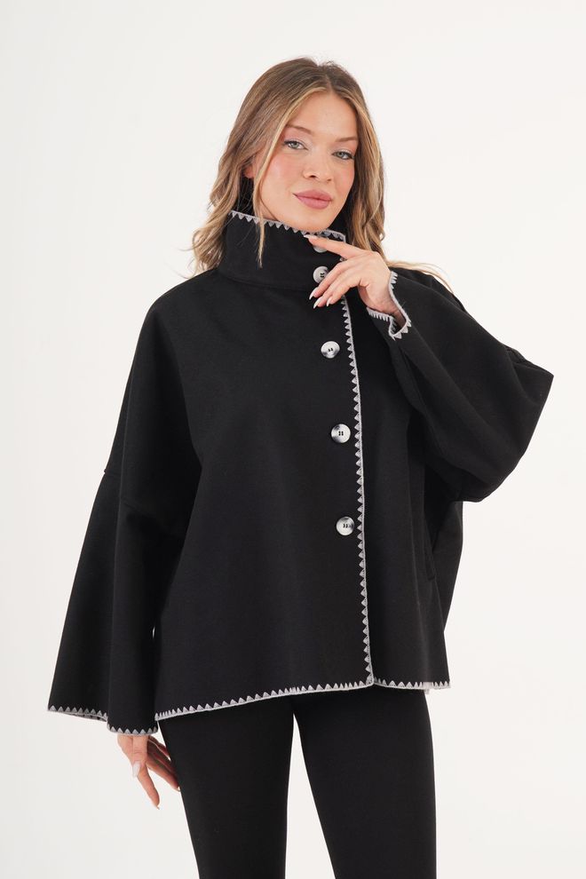 Lustrin Siyah Tek Düğmeli Shacket Kaban Yüksek Yakalı Toptan Giyim Gündelik