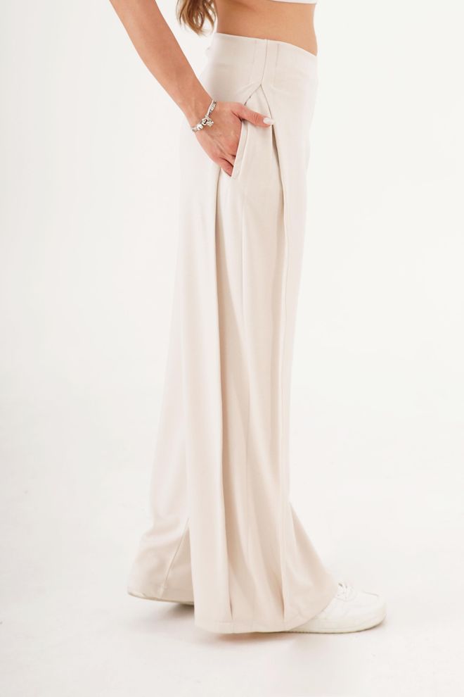 Lustrin Bej Palazzo Pantolon Geniş Paça Ve Lastikli Kapanış Toptan Giyim Gündelik