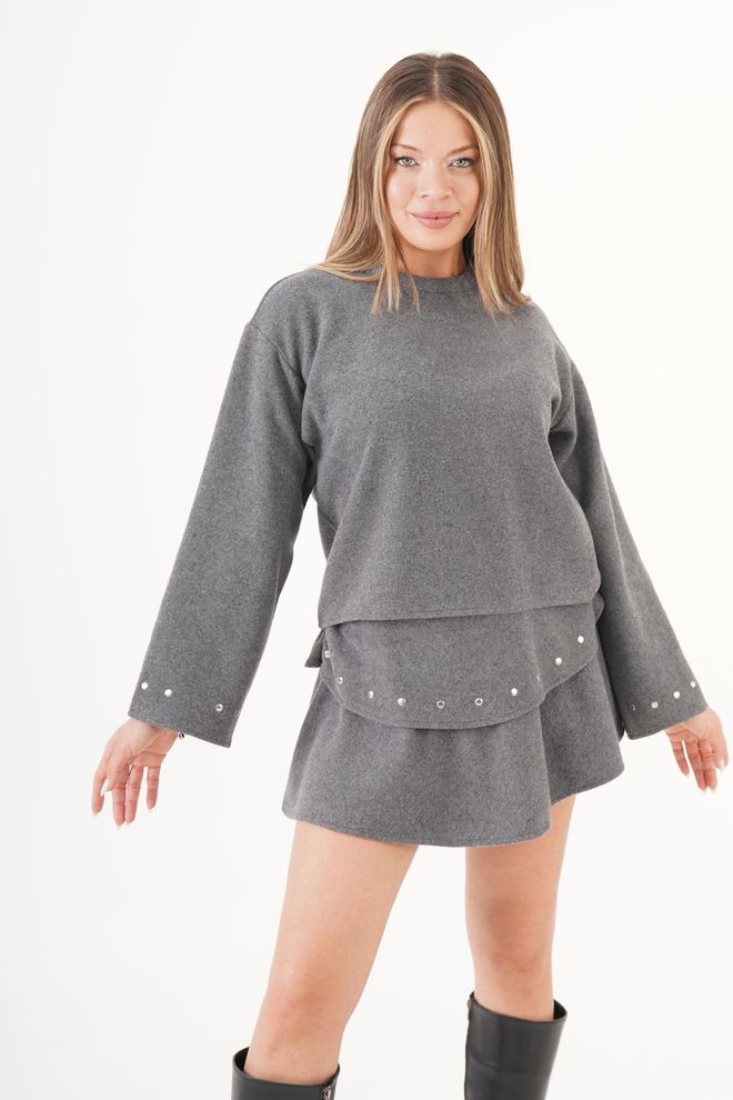 Lustrin Gri A Kesim Mini Etek Yüksek Bel Gündelik Kolej Toptan Giyim Gündelik