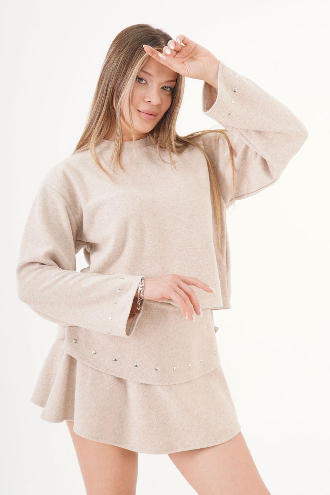 Lustrin Bej Mini Flared Etek Orta Bel Lastikli Kapanışlı Toptan Giyim Gündelik