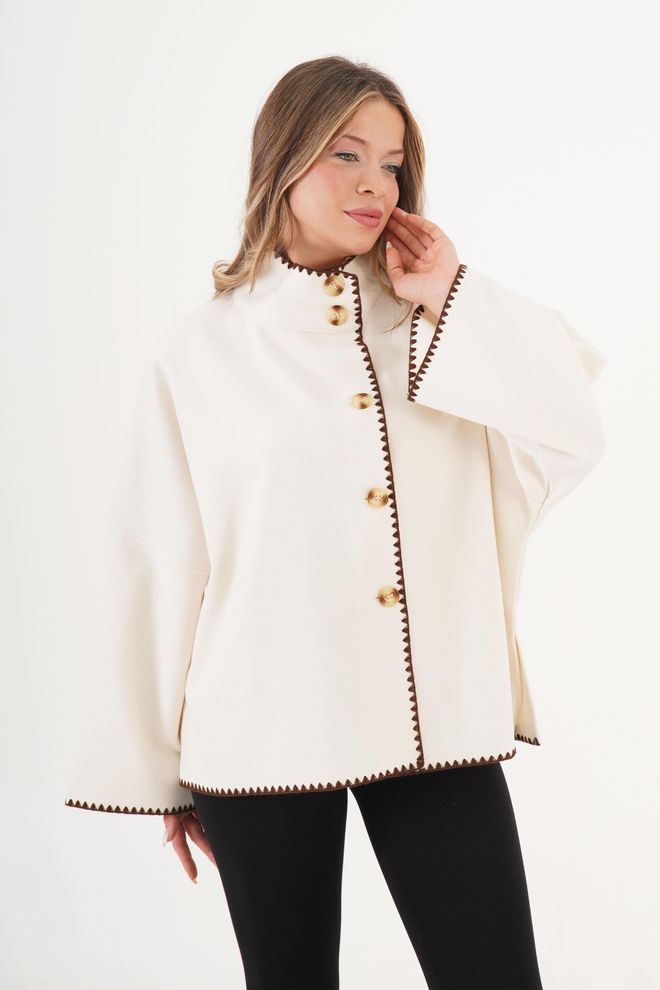 Lustrin Beyaz Bol Kesim Tek Düğmeli Yüksek Yaka Kaban Toptan Giyim Tesettür