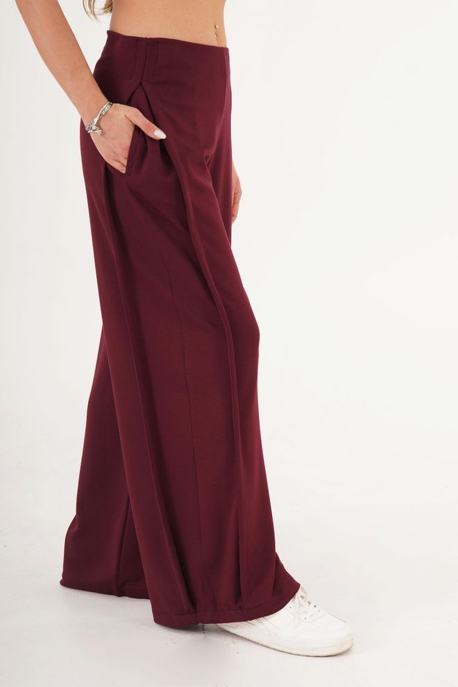 Lustrin Bordo Palazzo Pantolon Yüksek Bel Geniş Paça Toptan Giyim Gündelik