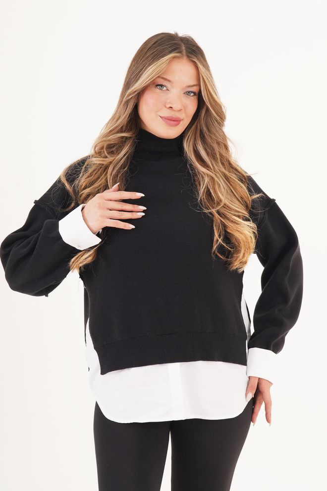 Lustrin Boğazlı Siyah Kazak Uzun Kollu Toptan Giyim Gündelik