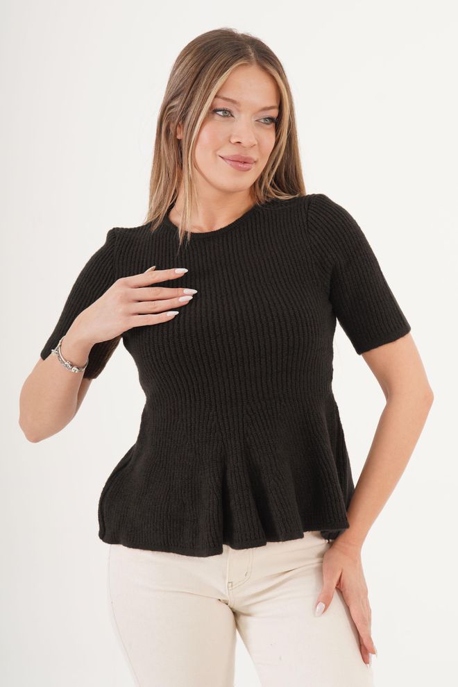 Lustrin Yarım Kollu Siyah Fitted Günlük Kazak Toptan Giyim Gündelik