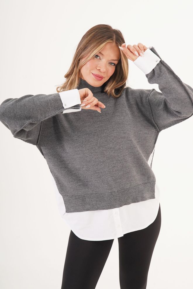 Lustrin Gri Bol Kalıp Boğazlı Kazak Toptan Giyim Gündelik