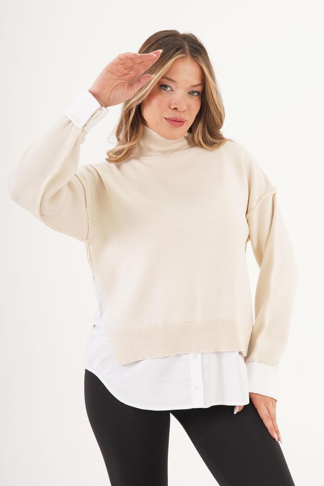 Lustrin Bej Kazak Bol Kalıp Ve Boğazlı Yaka İle Toptan Giyim Gündelik