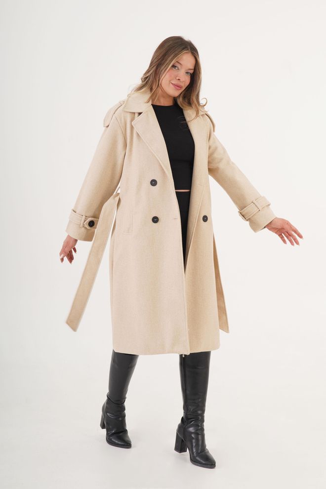 Lustrin Bej Çift Düğmeli Zarif Kaban Toptan Giyim Gündelik