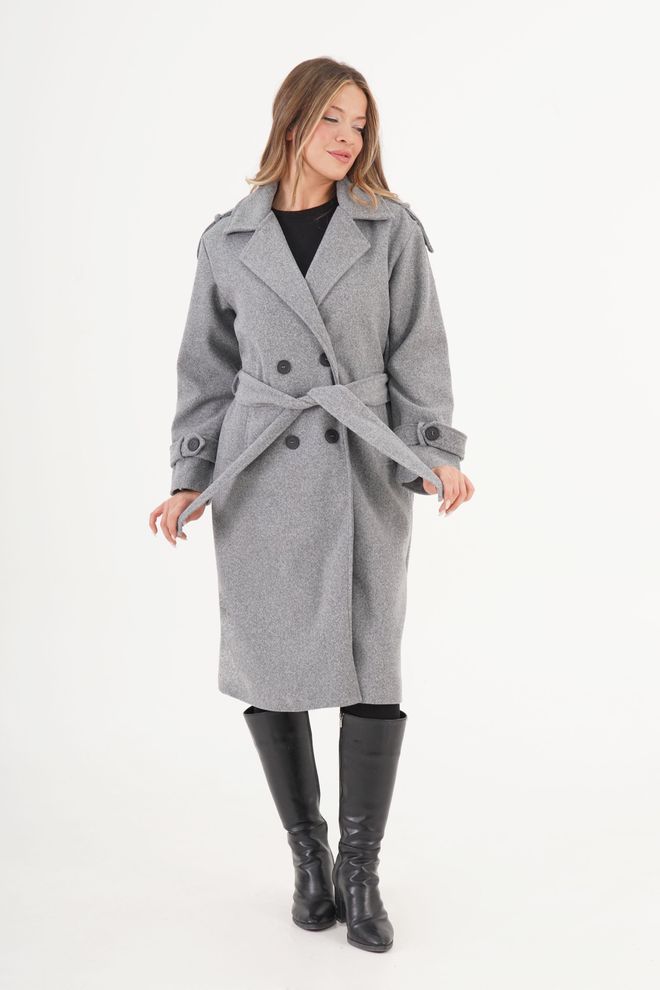 Lustrin Gri Zarif Çift Düğmeli Anvelop Kaban Toptan Giyim Gündelik