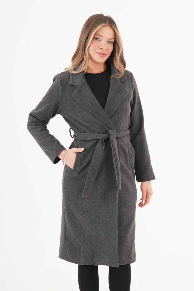 Lustrin Gri Zarif Anvelop Kaban Bağlamalı Kapatma Toptan Giyim Gündelik