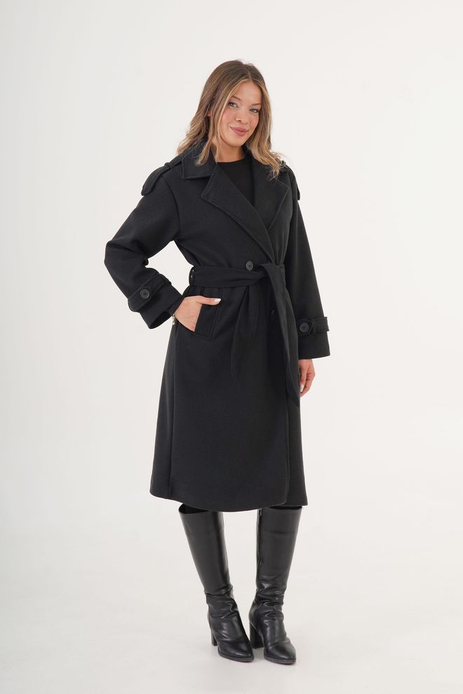 Lustrin Siyah Zarif Çift Düğmeli Uzun Kaban Toptan Giyim Gündelik